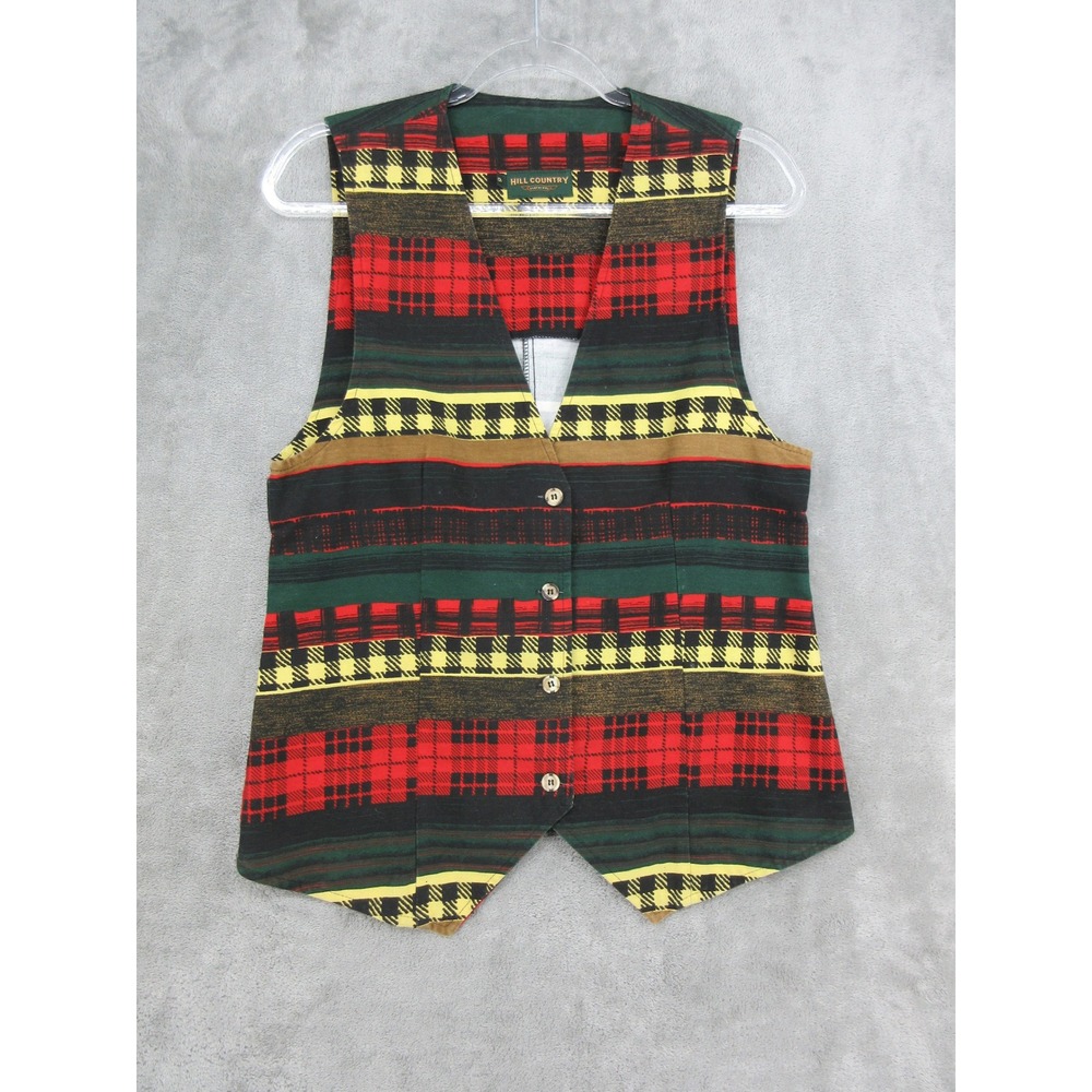 Vintage Hill Country Vest Womens Size 6 Plaid Striped Button Preppy Academia Red